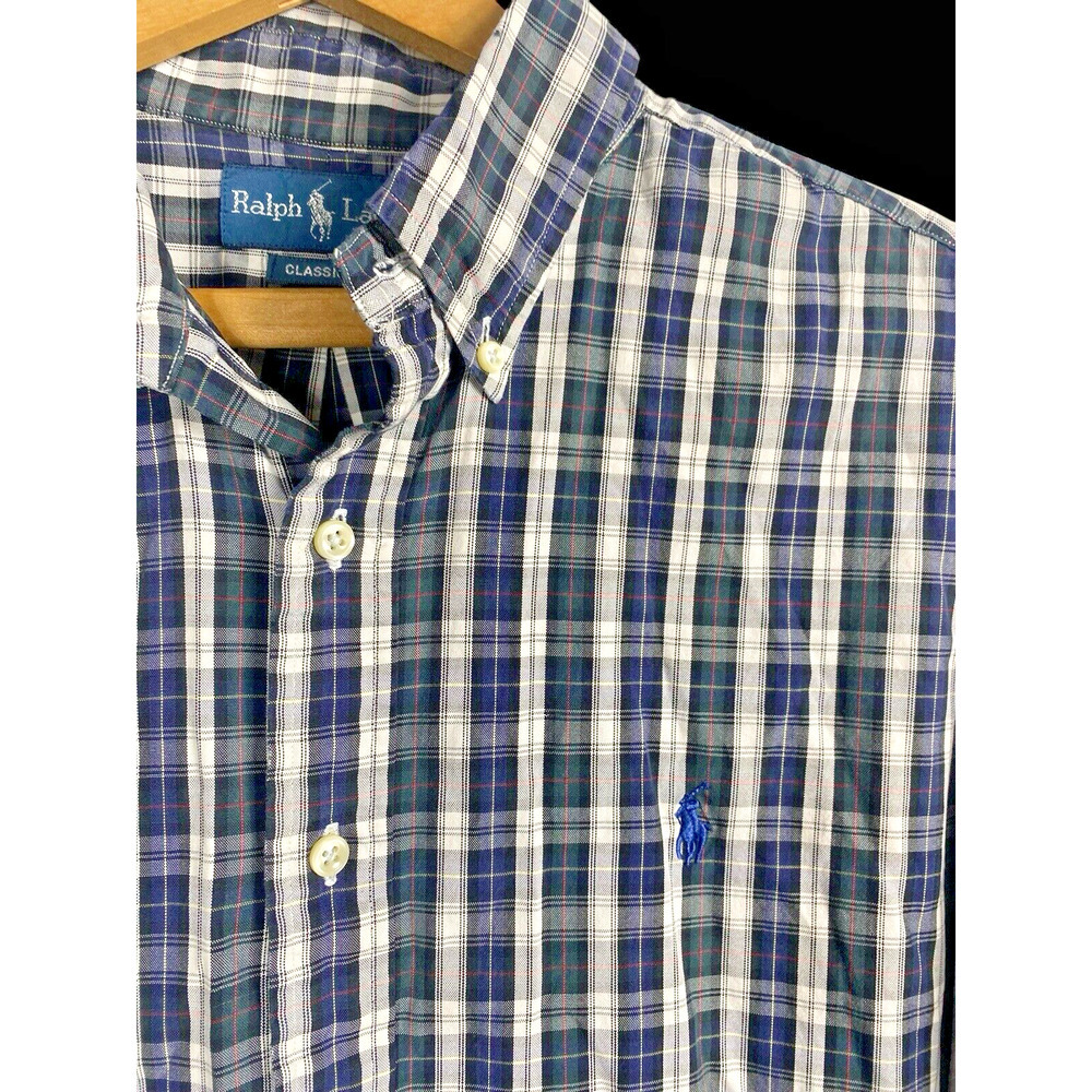 Ralph Lauren Shirt Size 16 1/2 XL Button Down Blue Gray Mens Plaid Check Long Sl